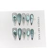Women Long‑Pointed Press‑On Nails Pure‑Handmade Blue Cat‑Eye Silver Magic Mirror Powder False Nail Patches