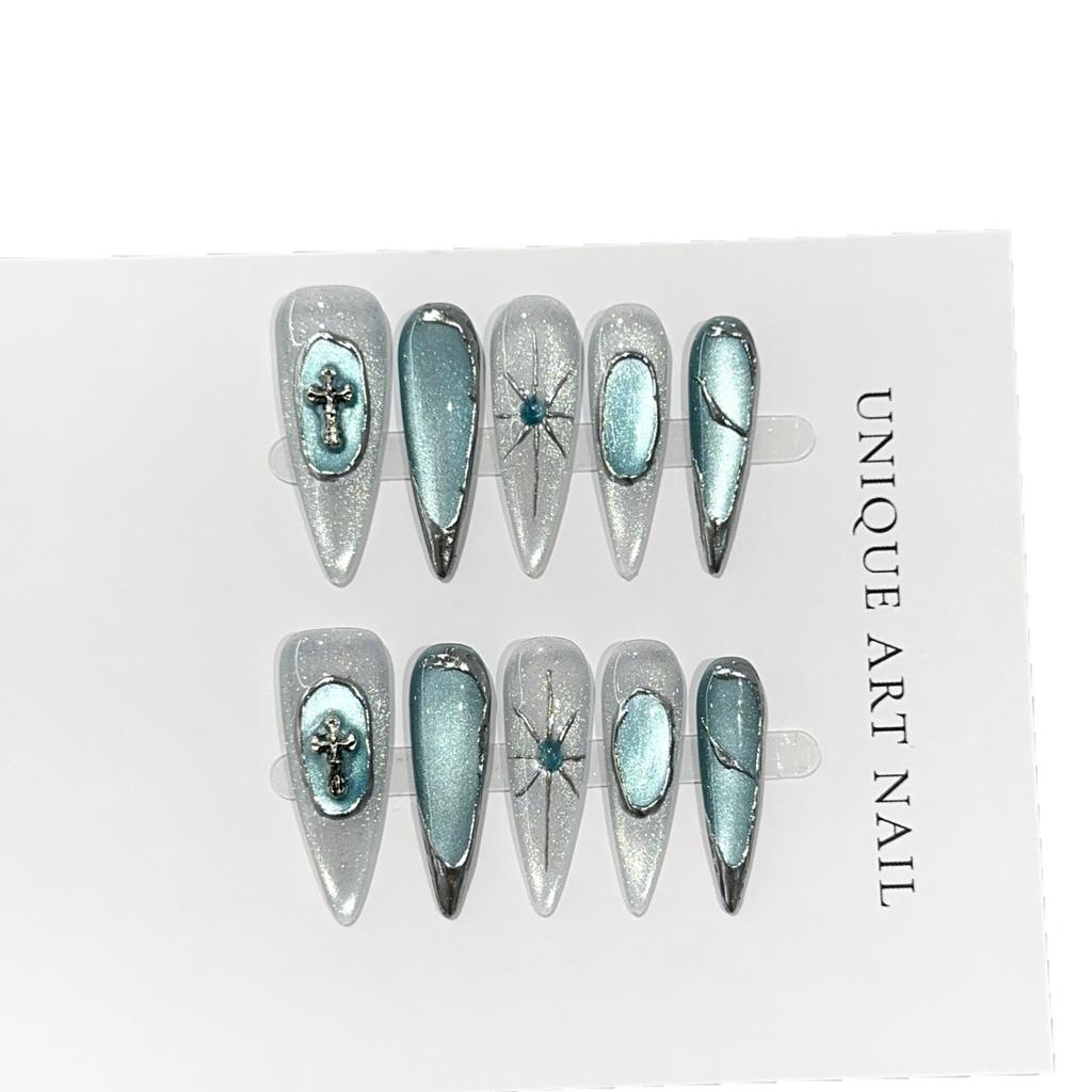 Women Long‑Pointed Press‑On Nails Pure‑Handmade Blue Cat‑Eye Silver Magic Mirror Powder False Nail Patches