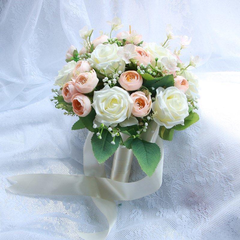 European Style Bridal Bouquet with Small Roses - Pink & White