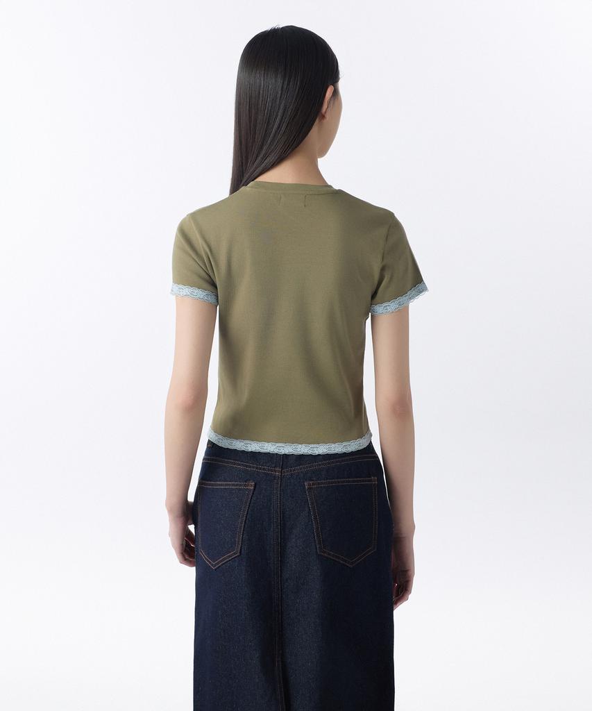 MUSINSA STANDARD WOMAN Women'S Slim Lace Trim T-Shirt [Khaki/Pastel Blue]