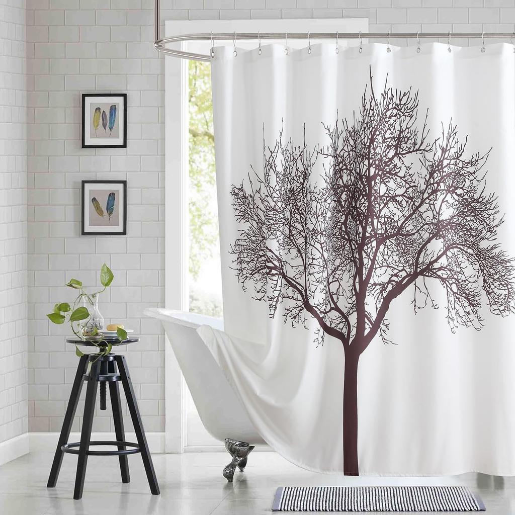 Floral Pattern Fabric Shower Curtain, Beige Gray Plant Bathroom Shower Curtain, Waterproof Bathroom Shower Curtain Curtain