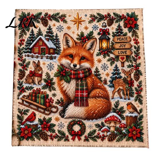 Holiday Animal Needlepoint Patterns Christmas Cross Stitch Kit, Embroidery Starter Seasonal Handmade Present for Friends Pattern, Festive Craft