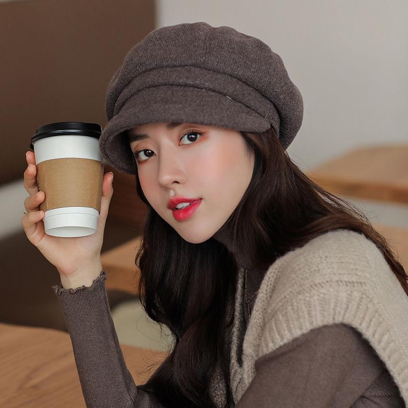 Chapéu octogonal de lã espessado primavera e outono cor sólida all-match retro boina chapéu