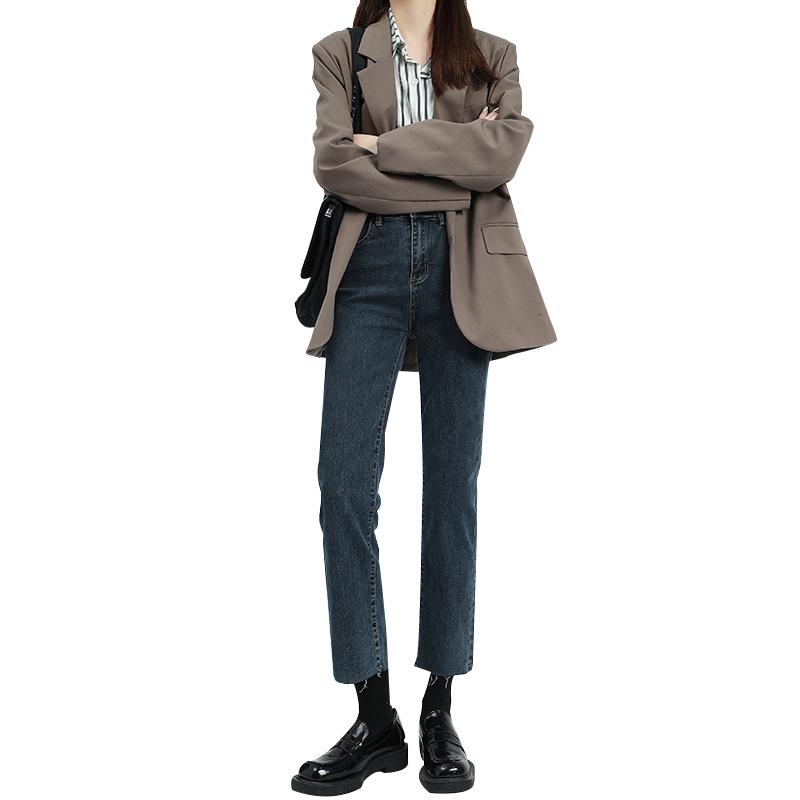 2025 Winter High-Waisted Black Frayed Straight Jeans: Velvet Lined, Loose Stretch Fit for Women