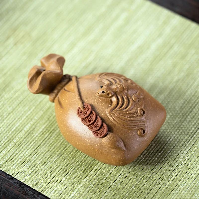 Chinese Yixing Purple Clay Tea Pet Lucky Money Bag Model Ornaments Handmade Sculpture Crafts Desktop Decors Tea Set Decoration