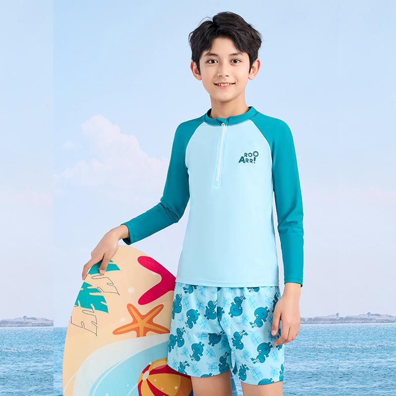 

Детский мужской купальник с длинным рукавом и разрезом, с защитой от солнца и шортами от смущения 12# (40-50 Jin)