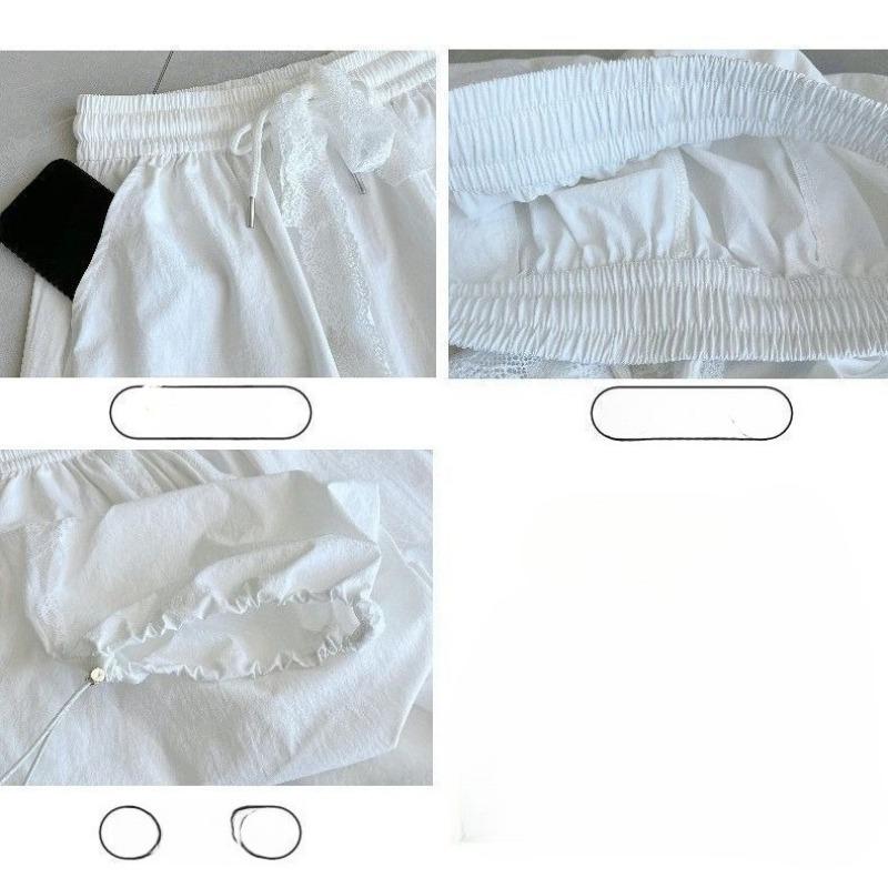 Summer Women Lace Cargo Pants High Waist Hollow Out Design Loose Fit Wide Leg Trousers