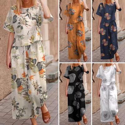2 Teile/Satz Damen T-Shirt Hosenanzug O-Ausschnitt Kurzarm Print Lockeres Oberteil Hohe Elastische Taille Weites Bein Neunte Hose Lässig Täglich Tragen Top Hosen Set