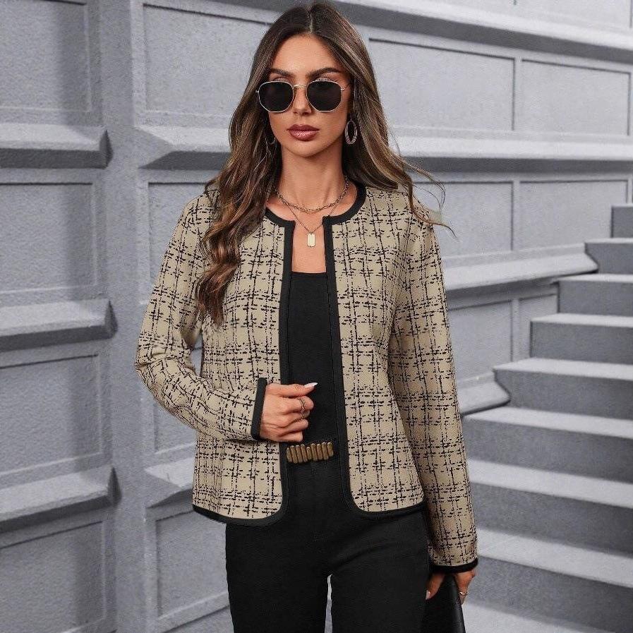Women's Long Sleeve Cardigan Round Neck Elegant Tweed Jacket Houndstooth Pattern Casual Outerwear Fall Coat