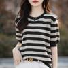 IHUASU Women's Colour Blocking Striped Knitwear Summer O-neck T-shirt Loose Casual Knit Short-sleeve Peplum Half-sleeve Tops