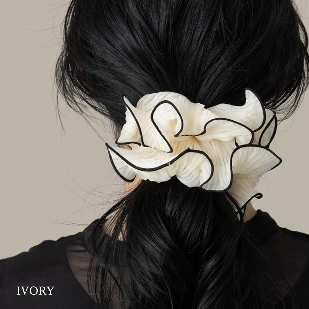 JewelVOX Scrunchie Hair Accessory for Organza and Chiffon with Design Women, Piping, Two-Tone (Ivory)