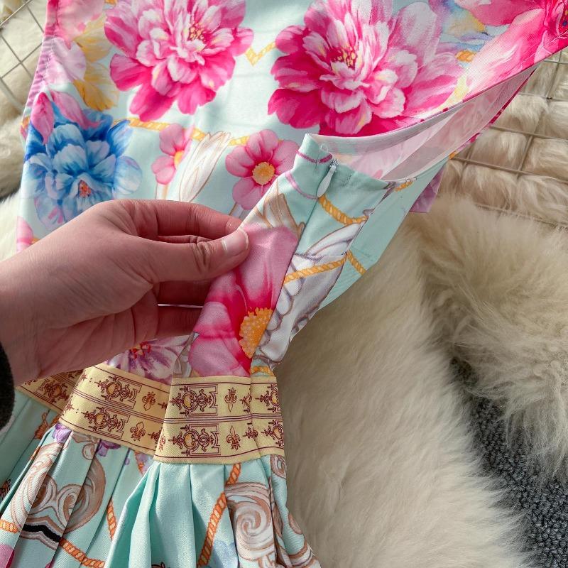 Léto Francie Elegantní Vintage Designové Ženy Potisk Tlačítko Plisované Tenké Dlouhé Společenské šaty Dámské Ležérní Elegantní Sváteční oblečení Nové