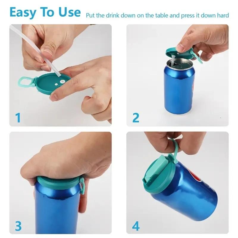 Portable Soda Can Lid and Silicone Straw Soda Can Lid Reusable Suitable for Canned Beverages Beer Juice 1pcs with Straws