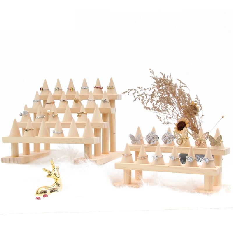 Wood Cone Ring Display Holder Jewelry Display Stand Ring Showcase Storage Tray for Counter Shows Base Shop Decor Display Rack