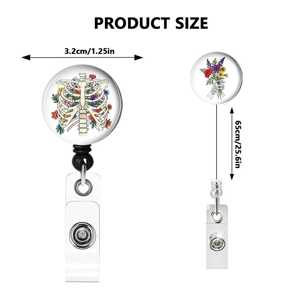 Skull Flower Id Tag Badge Holder With Retractable Badge Reel Cards Storage Organizer For Nurses Employee Pass Work Card Holder