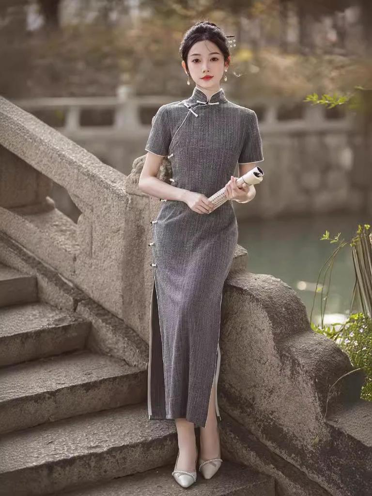 2024 Spring/Summer Floor-Length Chinese Style Qipao: Comfortable, Breathable, Daily Wear with Full Opening