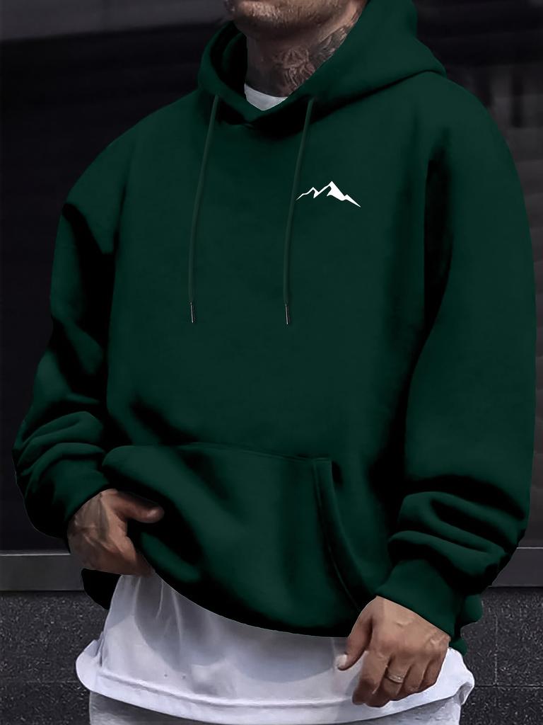 Men's Minimalist Mountain Peak Chest Print Hip Hop Sports Hoodie Simple Outdoor Loose Casual Sweatshirt