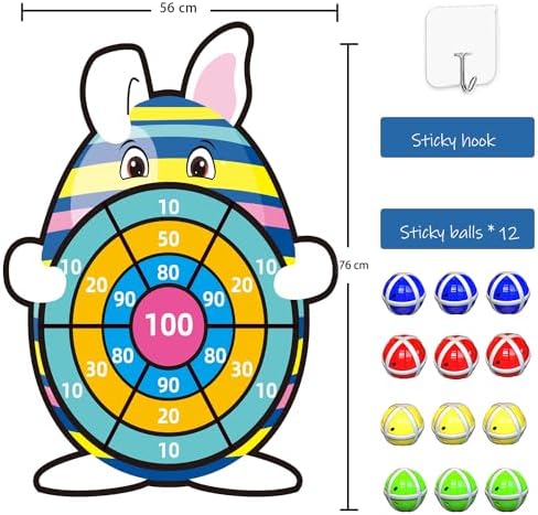 Easter Bunny Design Kids Dart Board with 12 Sticky Balls, Easter Gifts Party Decor Crafts DIY Toys for Children Ages 4-10