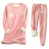 Women's Print Round Neck Warm Suit Long Sleeve Fleece Drawstring Sweatpants Two-Piece Set