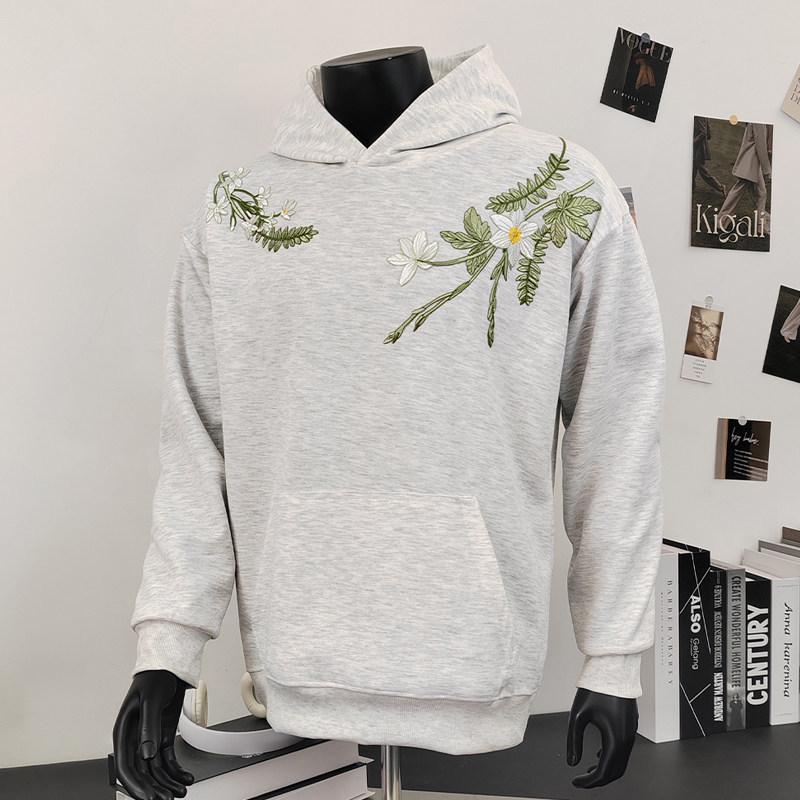 Men's Fleece-Lined Floral Embroidered Hoodie, Autumn/Winter 2026, Loose Fit Pullover, Couple's Style.
