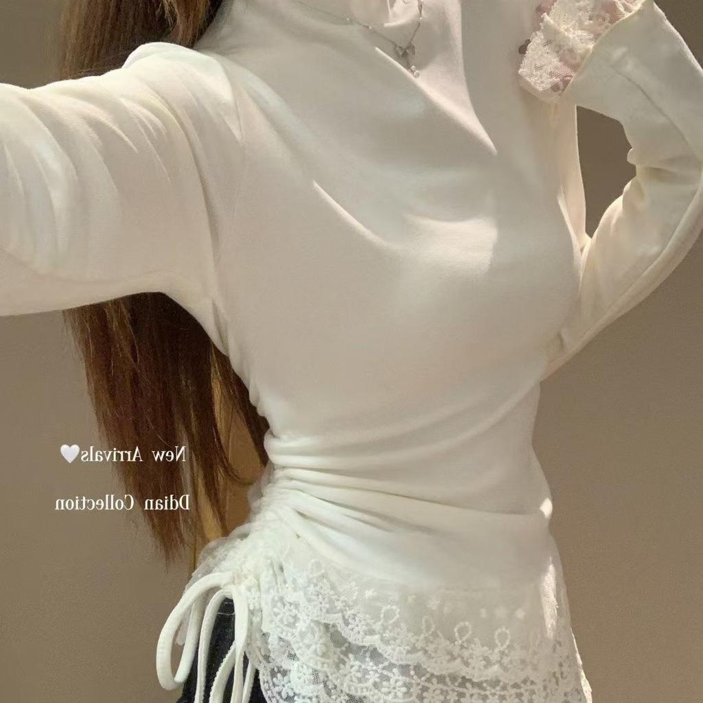 Women's Fall/Winter Apricot-Colored Lace-Trimmed Patchwork Tank Top, High-Neck Long-Sleeve T-Shirt, Slim-Fit Fleece-Lined Underwear Top