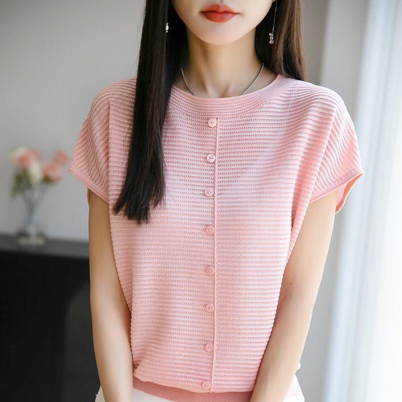 Mulberry Silk Tencel Hollow-out Short-sleeved Knitted Top Summer New Solid Color Base T-Shirts