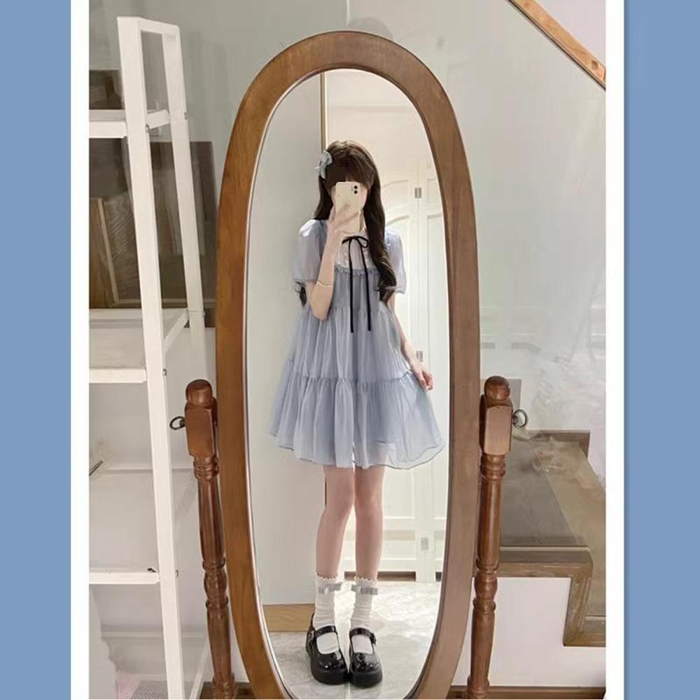 

Платье для колледжа, летний лесной круглый вырез, пышный рукав, пышная юбка, летний сказочный темперамент, универсальная короткая юбка S- (can be worn within 45kg)