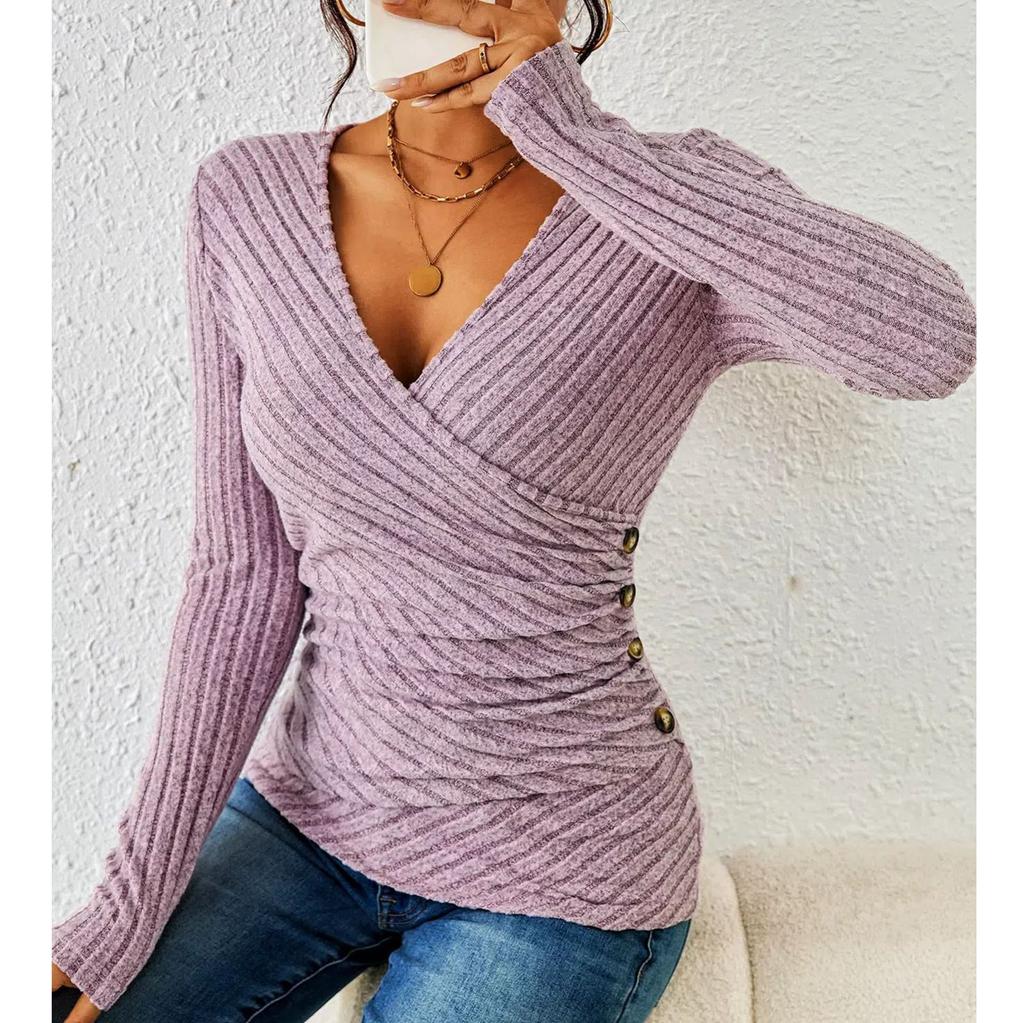 Damska swobodna, uniwersalna bluzka z dekoltem w serek, jednolitym kolorem i klapami, dopasowana, z długim rękawem, luźna bluzka z długim rękawem