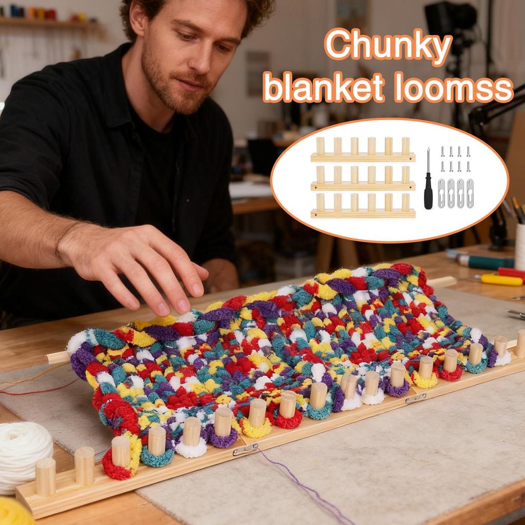 Wooden Loom Frame Adjustable Size Hand Knitting Kit Beginner-Friendly Yarn Craft for DIY Throw Blankets Chunky Knit Blanket Kit
