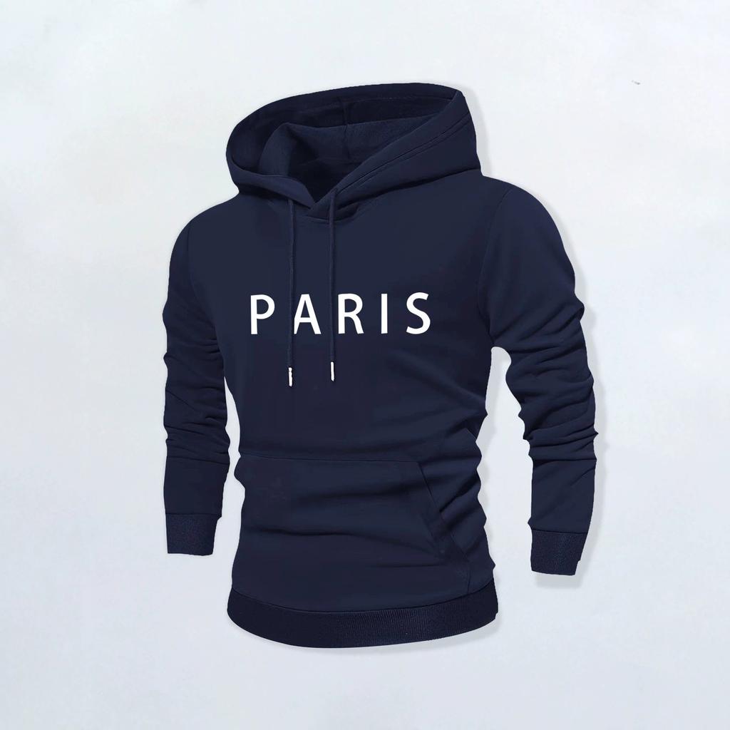 Simple Solid Color PARIS Letter Hooded Sweater, Navy Blue Basic Men's Casual Shoulder Hoodie High Street