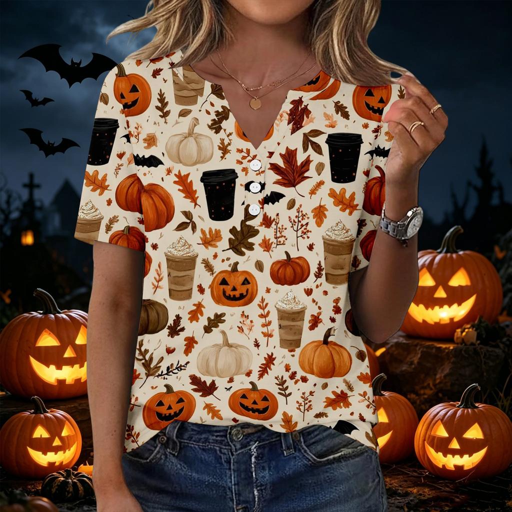 Women's Casual Halloween Printed V Neck Short Sleeve Button Front T Shirt Top for Everyday Wear Seasonal Themed Tee