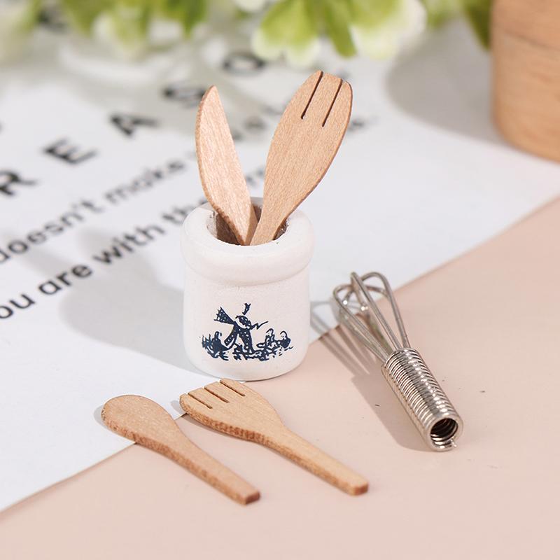Miniatures Wooden And Fork Metal Whisk Jar Set Accessories Doll House Kitchen
