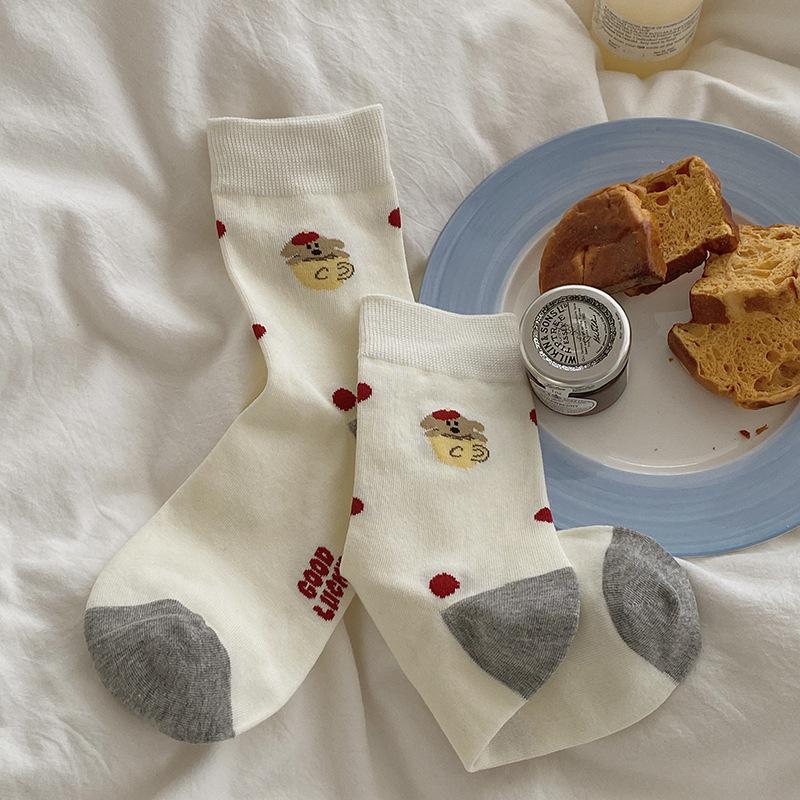 Female Spring and Autumn Color Striped Cute Cartoon Puppy College Wind Tube Pile Socks