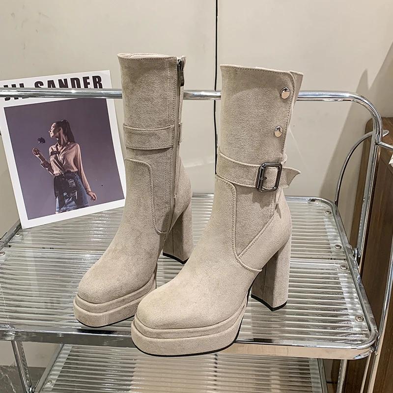 

Fashion Autumn Winter Thick High Heel Women Ankle Boots Fashion Slip on Vintage Platform Female Western Short Booties 39