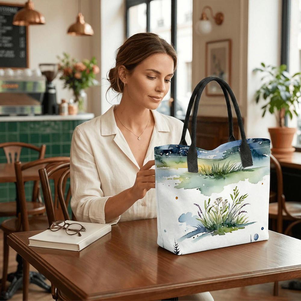 Watercolor Grass Landscape Tote Bag Casual Large Capacity Shoulder Handbag For Daily Use