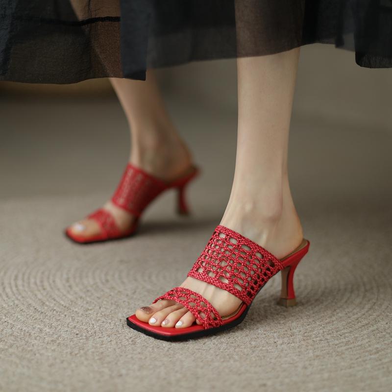 Fashion Women's New Summer Retro Square Headed Hollow Knitted Genuine Leather Sheepskin Open Toe High Heel Large Sandals
