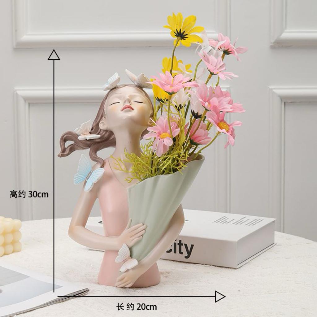 Nordic Girl Holding Vase with Artificial Flowers, Elegant Artistic Resin Home Decor Statue for Living Room, Entryway & TV Cabinet