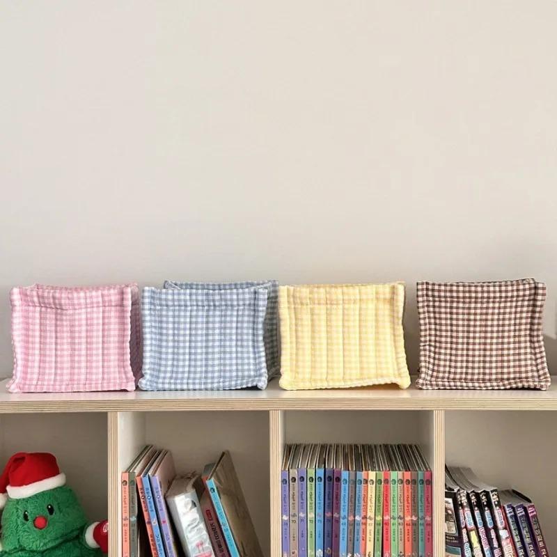 1Pcs Ins Korean Style Quilted Checkered Fabric Storage Basket Cosmetics Suntries Storage Box Home Simple Desktop Organizing Basket
