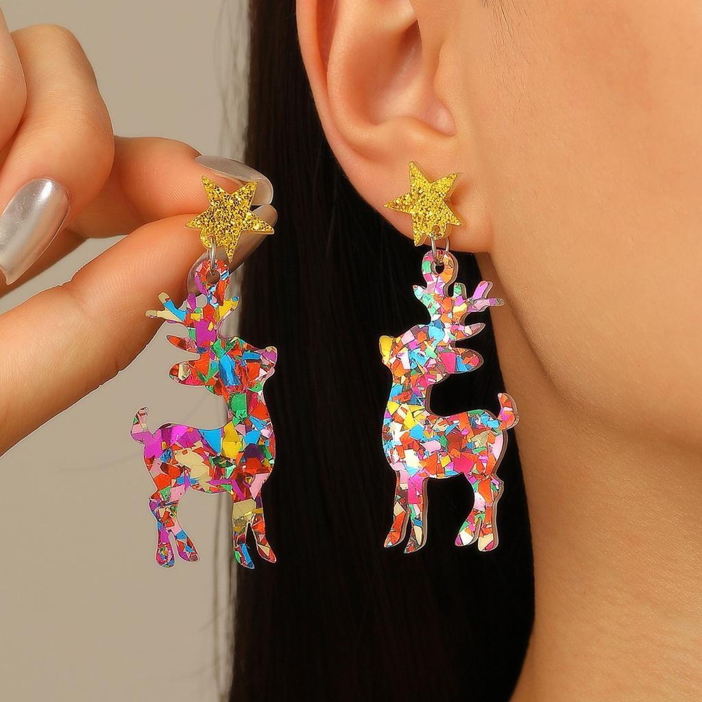 Colorful Confetti Reindeer Drop Earrings for Women Festive Star Stud Earrings for Christmas