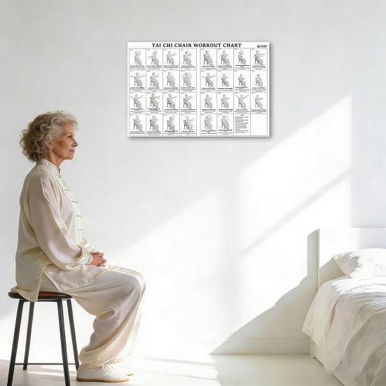 Tai Chi židle cvičení tabulka plakát bez rámu sedavé cviky pro začátečníky a seniory 12x18 palců PVC nástěnné umění pro obývací pokoj ložnici jógové studio