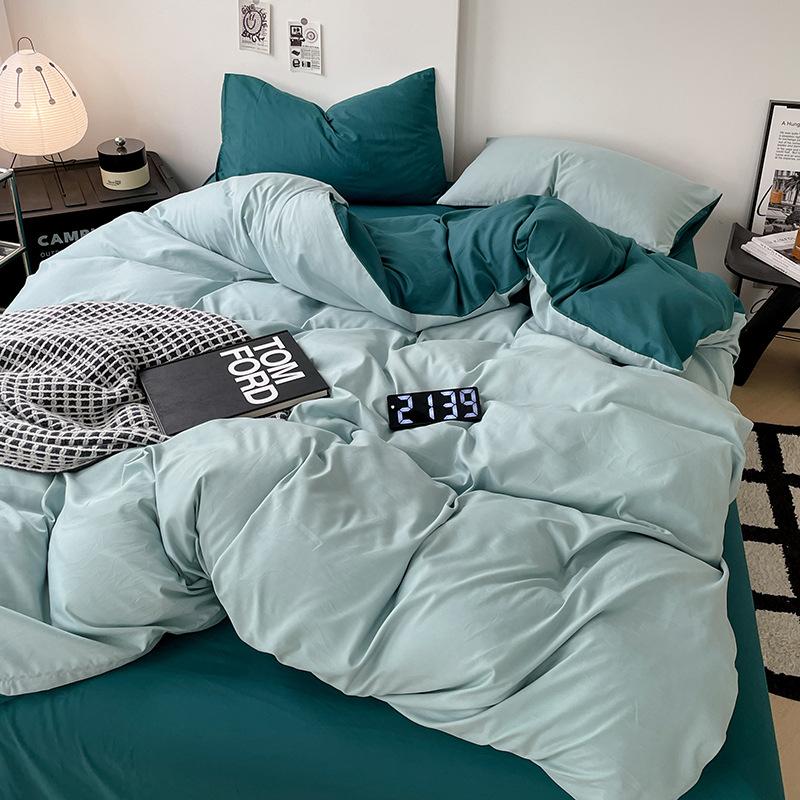 Einfarbiges vierteiliges Bettlaken-, Bettbezugs- und Steppdeckenbezug-Set für Zuhause, Wohnheim und Einzelbettwäsche.