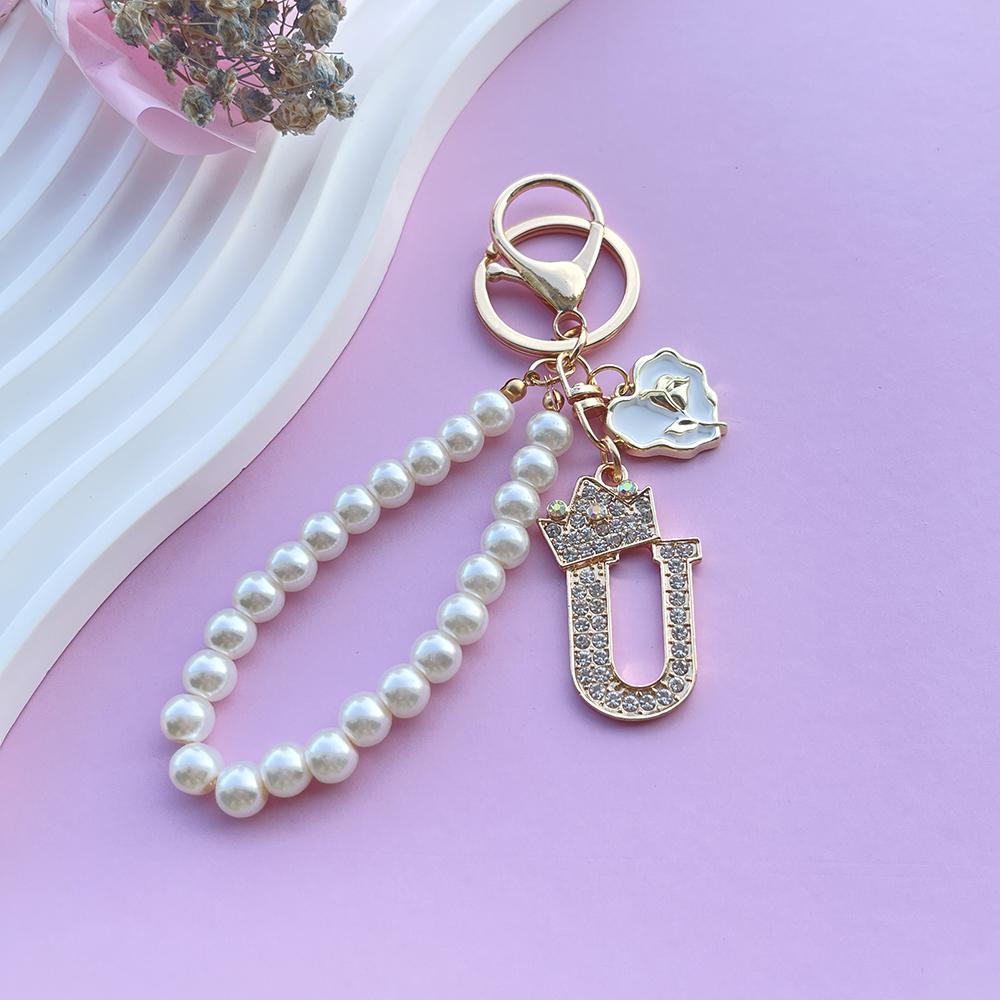 Boutique Crown A-Z 26 Initial Letters Rose Keyring Crystal Faux Pearl Resin Beaded Keychain Bag Pendant Women Girl Gifts Jewelry