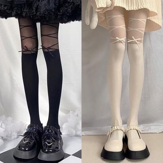 

1 Pair Stockings Cross Bow Decor Patchwork Solid Color Ultrathin See-through Lollita Style Elastic Anti-slip Long Over Knee Socks