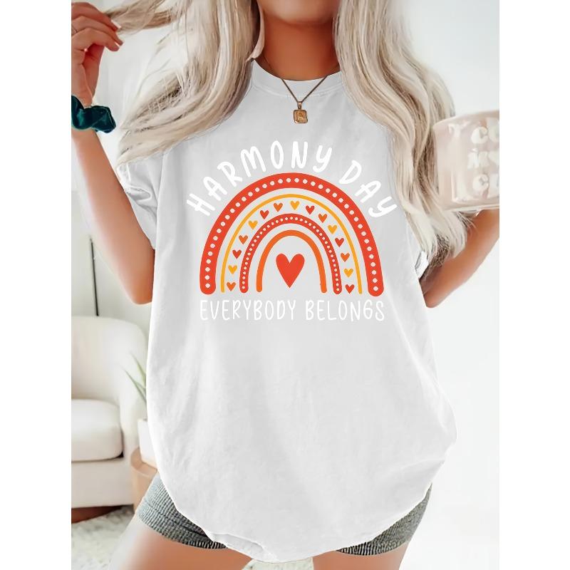 Womens Harmony Day Tee Rainbow Heart Print Loose Fit Round Neck Short Sleeve Soft Breathable Comfortable Machine Washable Spring