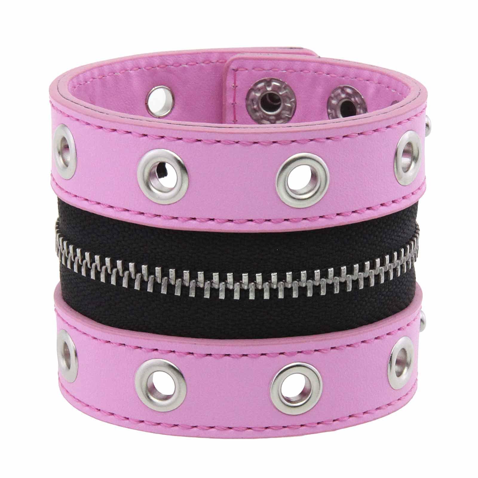 Gotisches verstellbares 6 cm breites Lederarmband Reißverschluss Punk Nieten Wickelarmbänder Armreif Armband für Damen Herren Mode Zubehör pink