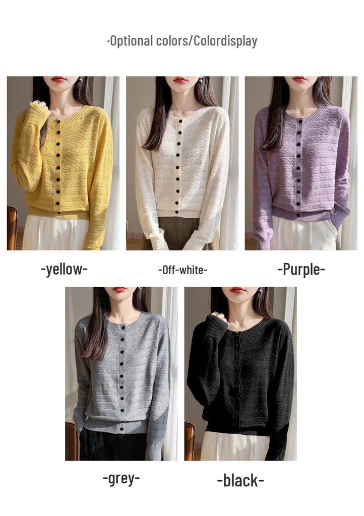 Women's Loose Solid Color Hollow Knit Wool Cardigan - Round Neck, Long Sleeve, Casual Jacket for Spring & Autumn