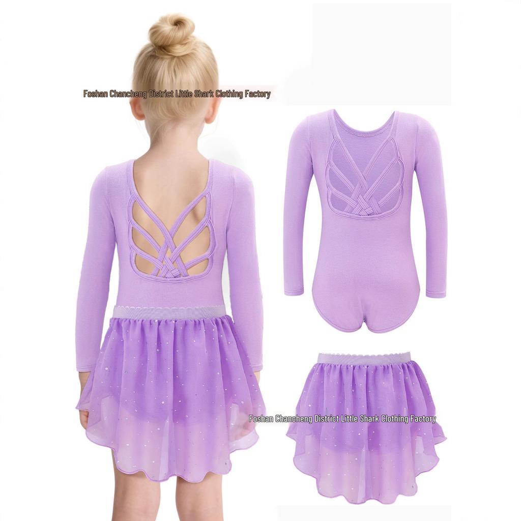 Conjunto de Gimnasia para Niñas de Manga Larga con Falda de Lentejuelas - Dos Piezas con Correas Cruzadas Múltiples