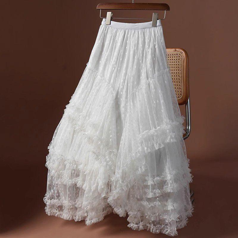 Qooth Plus Size Tulle Maxi Skirt Asymmetric Full Flare Tiered Skirt QT2731