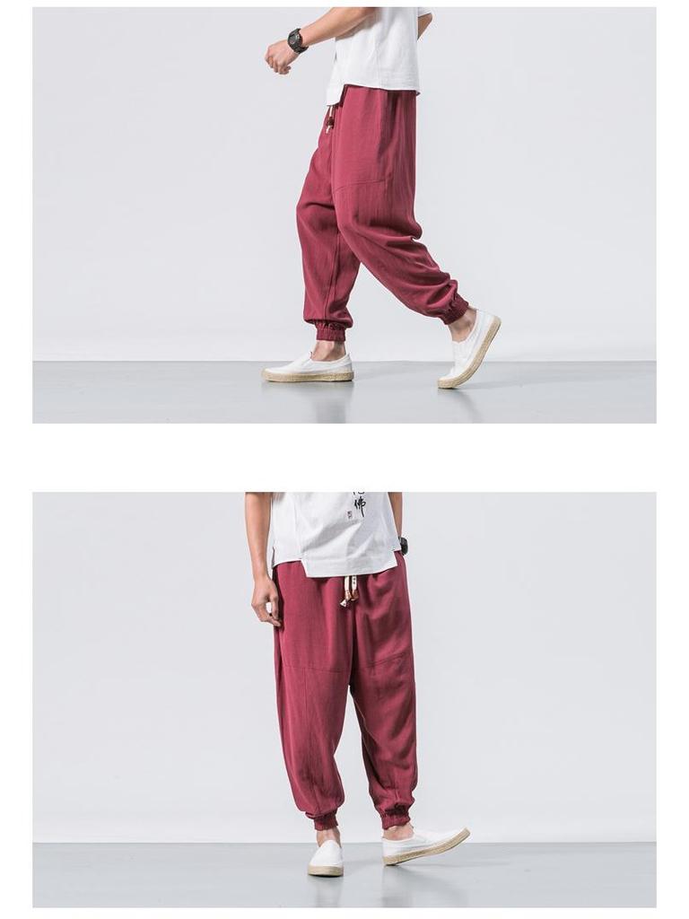 2022 Men's Loose Linen Ankle-Length Drawstring Trousers - Youthful Spring/Summer Style, Plus Size, Solid Color.
