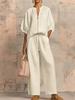 Women's Pink Short Sleeve V-Neck Zipper Front Drawstring Waist Wide Leg Pants Set